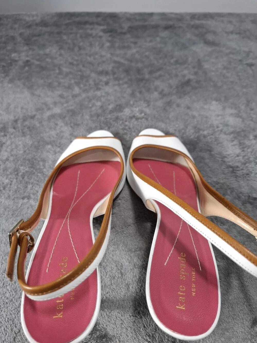 kate spade White Peep-Toe Slingback Heels with Tan Trim and Pink Insole Sz 8.5